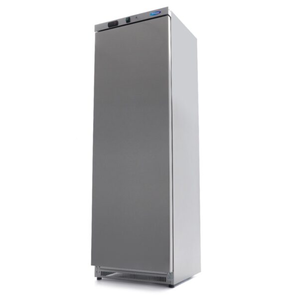 Armadio congelatore Maxima 400 L in acciaio inox, alto 185 cm, vista di tre quarti a porta chiusa