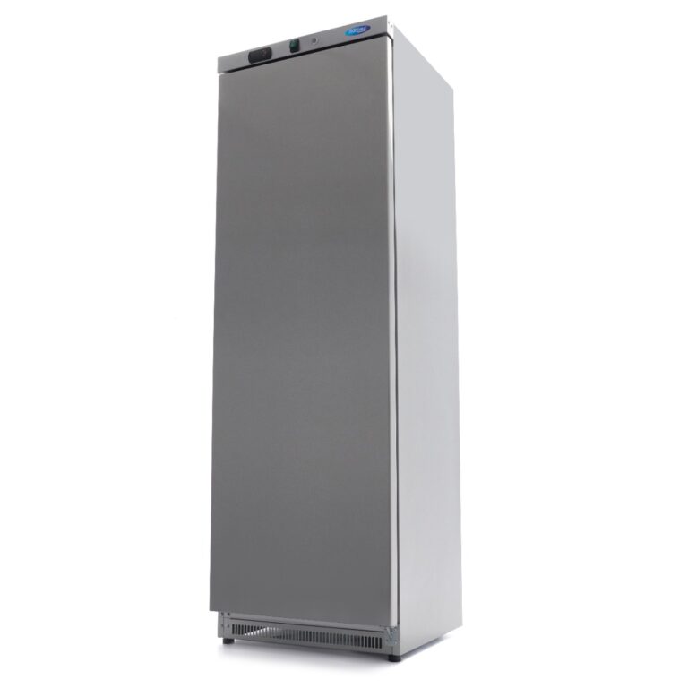 Armadio congelatore Maxima 400 L in acciaio inox, alto 185 cm, vista di tre quarti a porta chiusa