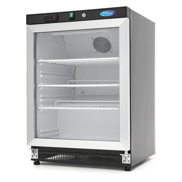 Armadio frigo Maxima 200 L con porta a vetro in lamiera nera, vista di tre quarti