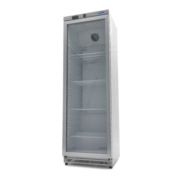 Armadio frigo Maxima 400 L con porta a vetro in acciaio inox, vista di tre quarti