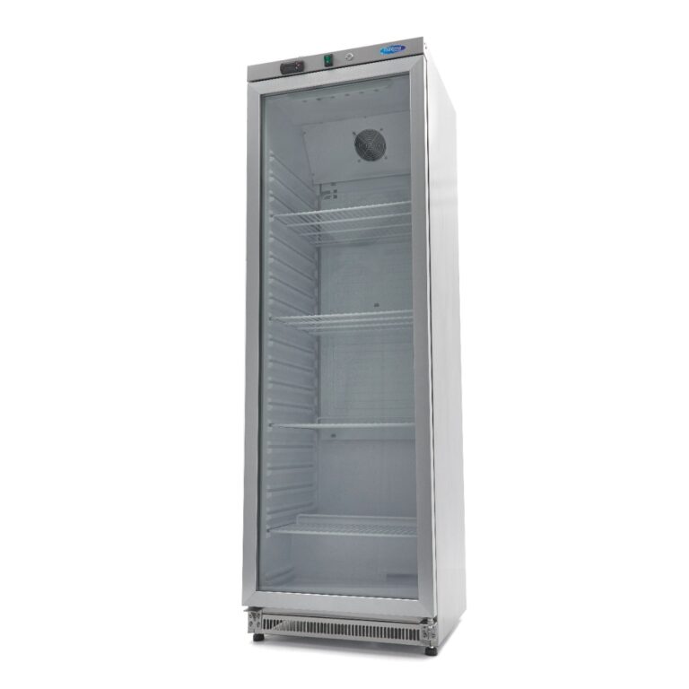 Armadio frigo Maxima 400 L con porta a vetro in acciaio inox, vista di tre quarti
