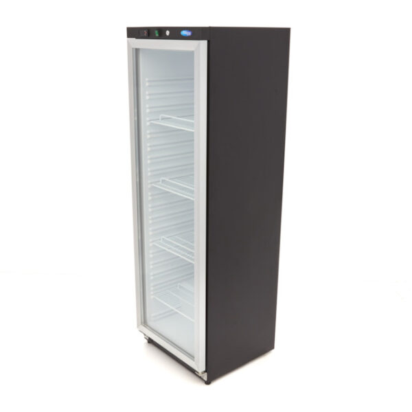 Armadio frigo Maxima 400 L con porta a vetro in lamiera nera, vista di tre quarti