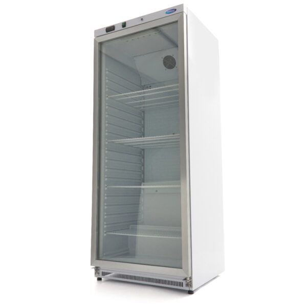 Armadio frigo Maxima 600 L con porta a vetro in lamiera bianca, vista di tre quarti