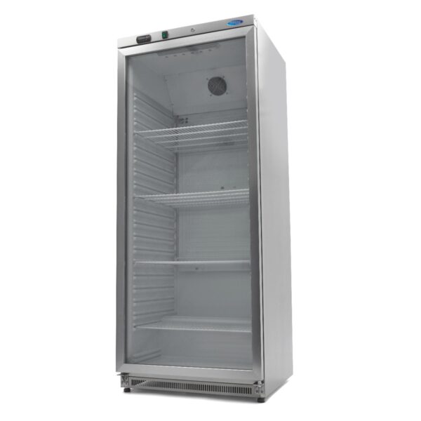 Armadio frigo Maxima 600 L con porta a vetro in acciaio inox, vista di tre quarti