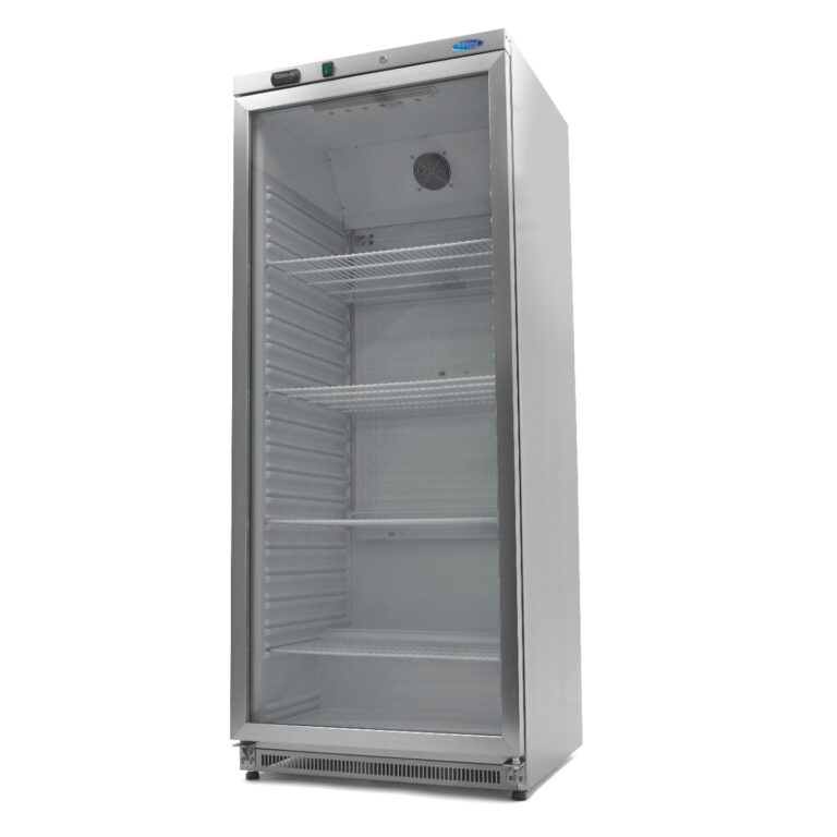 Armadio frigo Maxima 600 L con porta a vetro in acciaio inox, vista di tre quarti