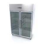 Armadio frigo Maxima GN 2/1 da 1200 litri in acciaio inox con due porte a vetro, su ruote, vista di tre quarti