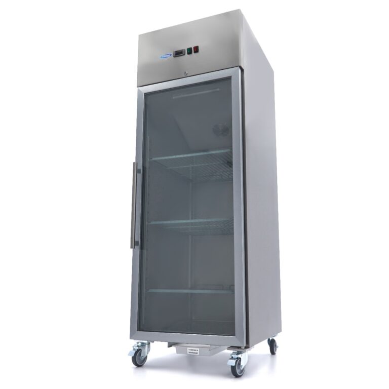 Armadio frigo Maxima GN 2/1 da 700 litri in acciaio inox con porta a vetro, su ruote, vista di tre quarti