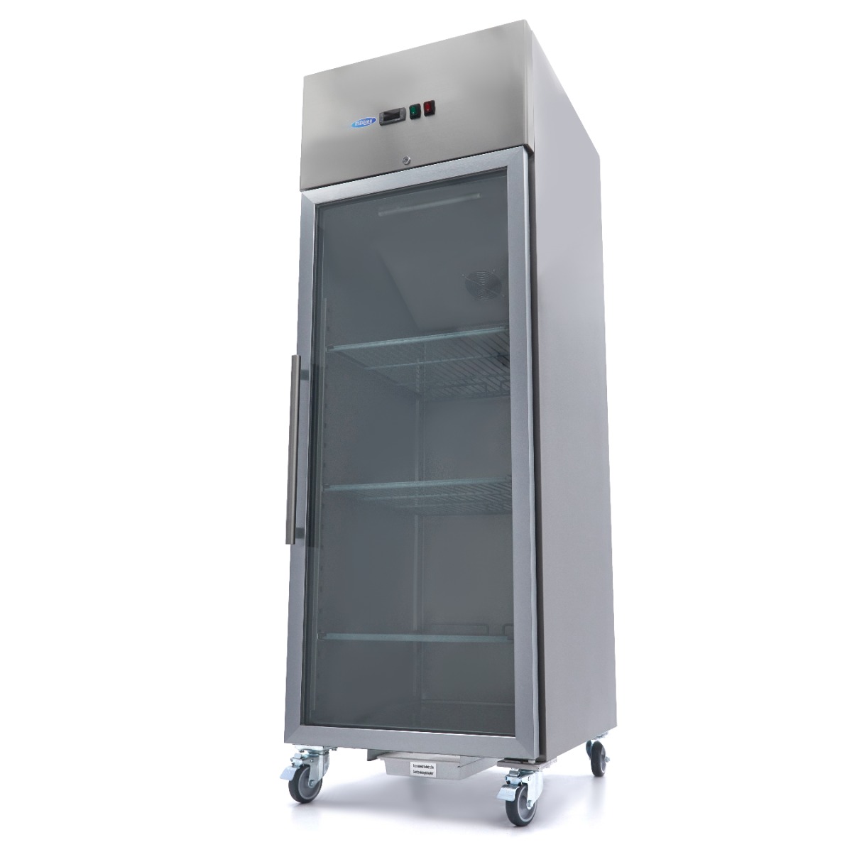 Armadio frigo GN 700 L porta a vetro inox - tre quarti Armadio frigo Maxima GN 2/1 da 700 litri in acciaio inox con porta a vetro, su ruote, vista di tre quarti