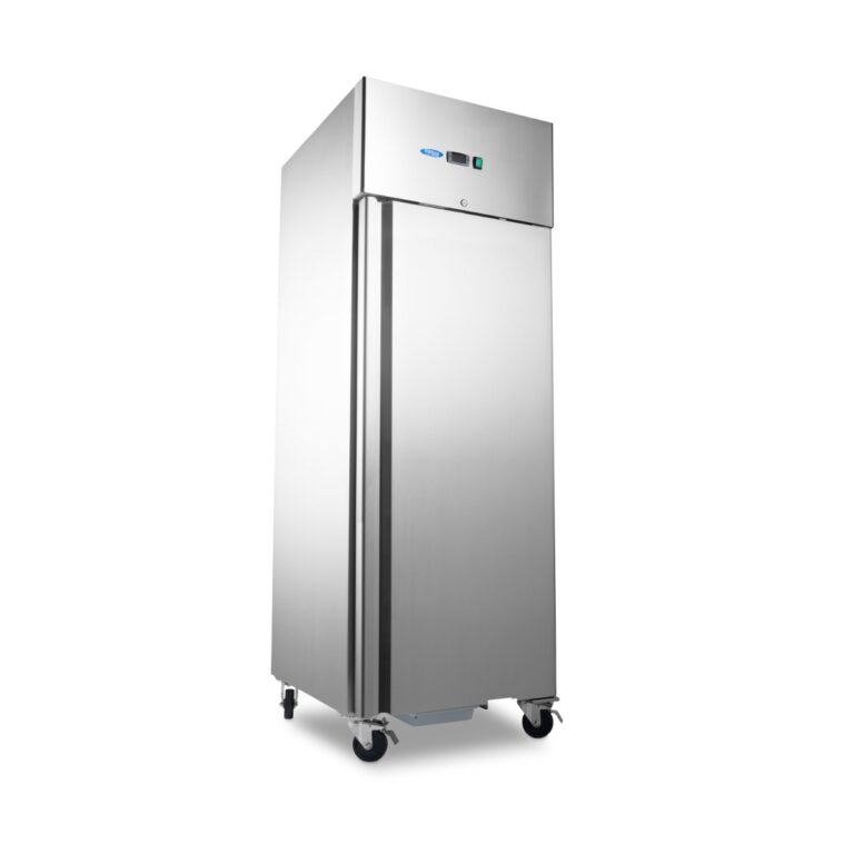 Armadio frigo Maxima per pesce da 600 litri in acciaio inox, su ruote, vista di tre quarti
