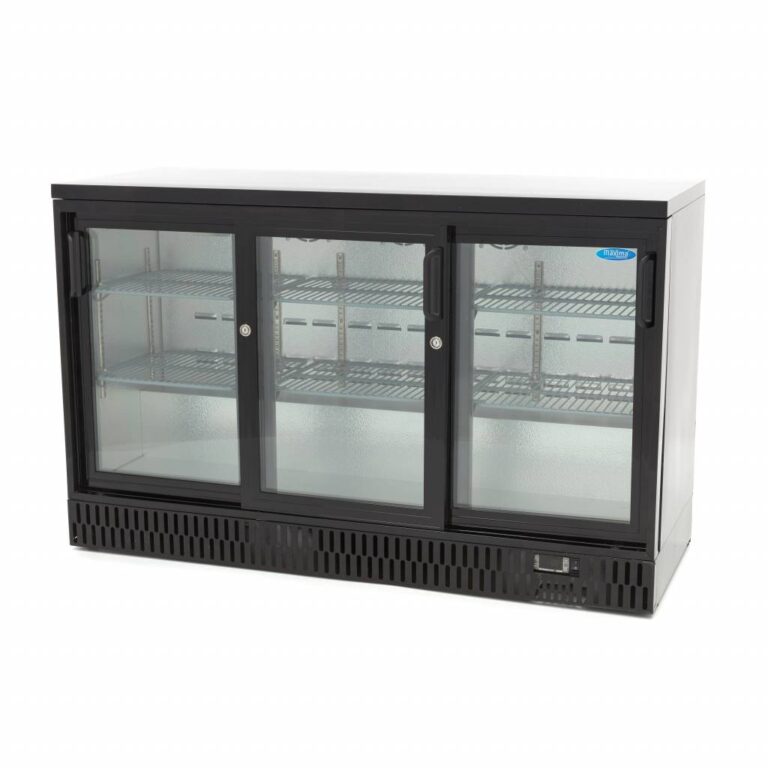 Retrobanco refrigerato nero da 135 cm con tre porte a vetro scorrevoli, vista di tre quarti