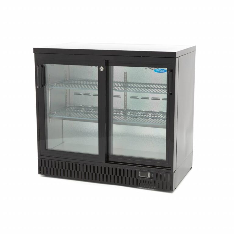Retrobanco refrigerato nero da 92 cm con due porte a vetro scorrevoli sovrapposte